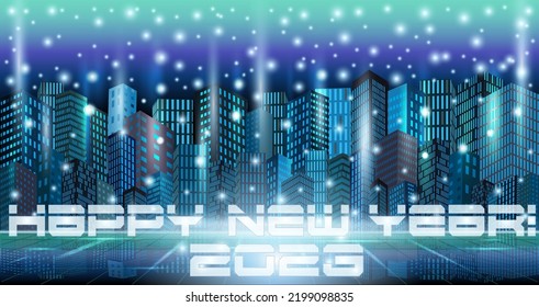 New 2023 Year in Futuristic Night City, abstract architecture banner, vector illustration