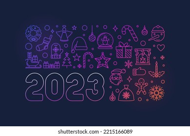 New 2023 Year horizontal colorful outline illustration - Merry Christmas 23 concept vector banner on dark background 