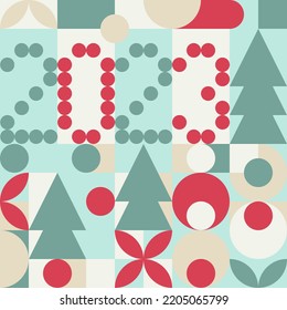Nuevo año 2023 - textura de mosaico de moda para textiles y papel pintado. Patrón geométrico sin fisuras con patrones de invierno, árboles navideños al estilo escandinavo.