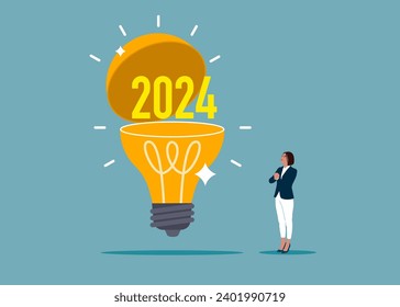 New 2024 open lightbulb idea. Business vision to discover new solution or idea, curiosity, searching for success concept. Flat vector illustration