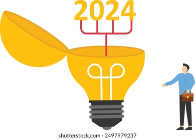 New 2024 open lightbulb idea. Business vision to discover new solution or idea, curiosity, searching for success concept. Flat vector illustration

