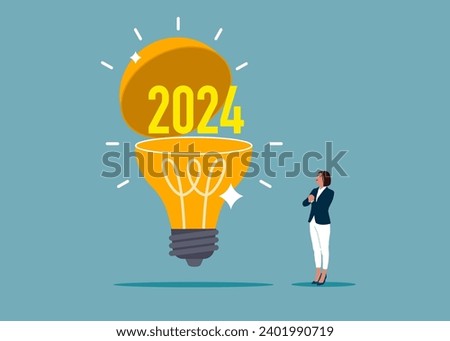 New 2024 open lightbulb idea. Business vision to discover new solution or idea, curiosity, searching for success concept. Flat vector illustration