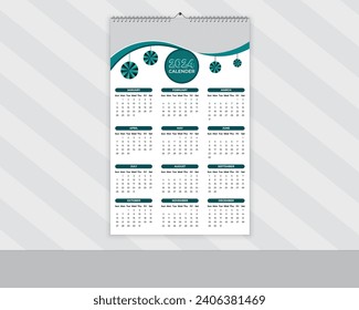 New 2024 Wall Calendar Design, Happy New Year 2024 Calendar, Vector One Page 12 Month  