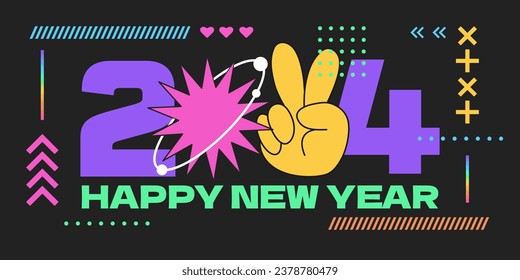 New 2024 year banner in a retro y2k aesthetic.Happy New Year poster creative concept.Trendy background for branding, banner, poster or card. Vector illustration