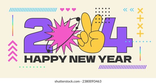 New 2024 year banner in a retro y2k aesthetic.Happy New Year poster creative concept.Trendy background for branding, banner, poster or card. Vector illustration