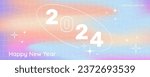 New 2024 Year bannes in retro Y2K abstract aethetic style, 2024 number and text greeting on a gradient liquid holographic background. Vector illustration for a New Year holiday.