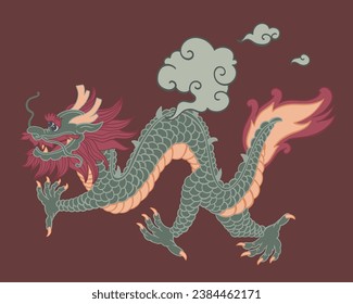 New 2024 year of dragon symbol, Chinese mythology and folklore symbolic. Isolated creatures with claws and face, scary expression on muzzle. Cloud decoration and beast. Vector in flat styles