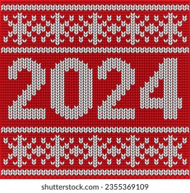 New 2024 year knitted pattern with xmas snowflakes, vector illustration	