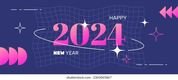 New 2024 year postcard in a retro y2k aesthetic, party banner, greeting, invitation, vector art with graphic shapes, frames and stars.