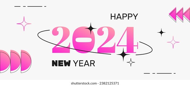 New 2024 year postcard in a retro y2k aesthetic, party banner, greeting, invitation, vector art with graphic shapes, frames and stars.