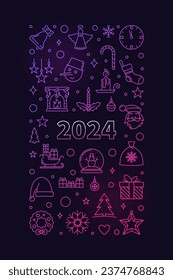 Nuevo cartel de color de línea delgada de 2024 - Afiche vectorial vertical navideño con fondo oscuro
