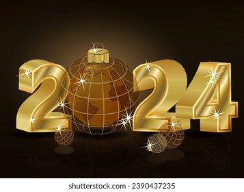 New 2024 year vip card with xmas ball Planet Earth, vector illustration