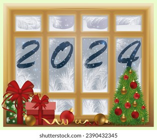 New 2024 year, Winter background with xmas tree, vector illustration	
