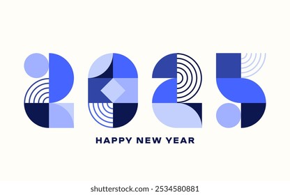 New 2025 year greeting card design. Abstract colorful new year 2025 celebration poster with geometric numbers, creative postcard template blue tones. Vector illustration.