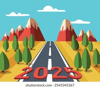 New 2025 year greeting card with a mountain cartoon road landscape