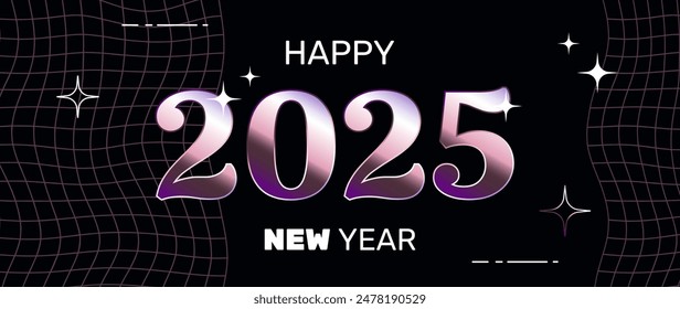 New 2025 year postcard in a retro y2k aesthetic, party banner, greeting, invitation, vector art with graphic shapes, frames and stars.