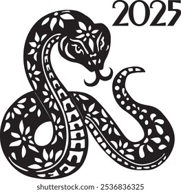 New 2025 Year of the Snake: Black Wooden Snake Vector for Horoscope. Minimalist Symbol of the Year. Sketch for a snake tattoo. 