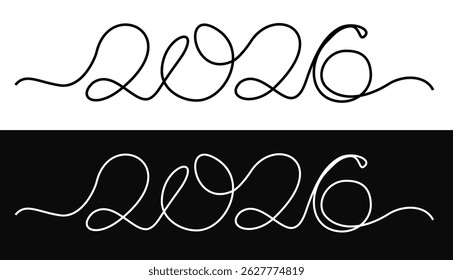 New 2026 year, one continuous line art. Outline calligraphy numbers. Handwritten linear 2026 on white and black background. One continuous line year number, vector illustration