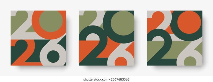 Conjunto de carteles del Nuevo año 2026. Logotipo geométrico 2026 para la marca, Anuncio, cubierta, tarjeta de la invitación.