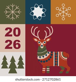 New 2026 Year seamless pattern with deer, fir trees, snowflakes