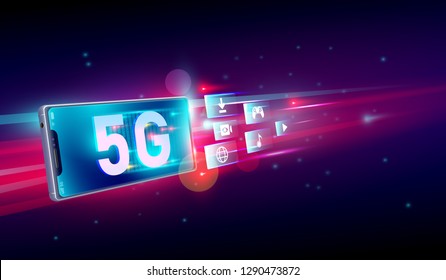 New 5th generation of internet, 5G network wireless with High speed connection online gaming, downloading, online music and movies on smartphone concept. Vector