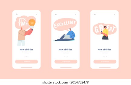 New Abilities Mobile App Page Onboard Screen Template. Tiny Character Holding Huge Glowing Light Bulb, Businessman or Student Using Laptop and Mobile Phone Concept. Cartoon People Vector Illustration