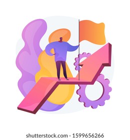 New achievement. Business development. Successful businessman, confident entrepreneur, winner with flag. Man standing on rising arrow. Vector isolated concept metaphor illustration