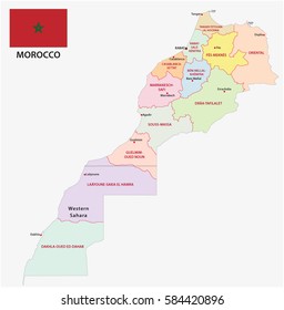 New administrative and political map of the twelve regions of the regions of Morocco with flag 2015