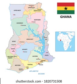 new administrative vector map of Ghana with flag, 2019