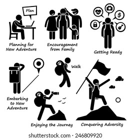 New Adventure and Conquering Adversity Stick Figure Pictogram Icons