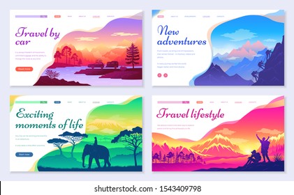 New adventures and exciting moments of life. Travel by car and traveling as lifestyle set. Mountaineering and hiking, riding elephant in Asian country. Landscapes sceneries. Website or webpage vector