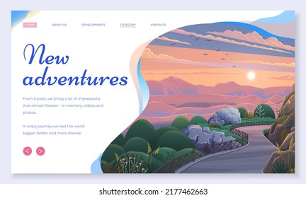 New adventures landing page template. Travel to world. Road trip. Tourism. Nature landscape with landmarks. Travelling vector advertising banner. Summer vacation, journey hobby, summertime recreation