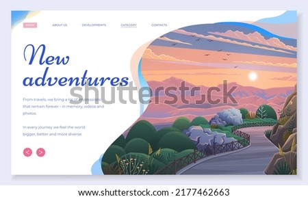 New adventures landing page template. Travel to world. Road trip. Tourism. Nature landscape with landmarks. Travelling vector advertising banner. Summer vacation, journey hobby, summertime recreation