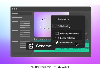 Neue KI generative Features im Video Editor. Objektauswahlwerkzeug. Generieres Button. Vektorillustration. 