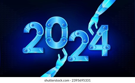 New AI technology era in 2024 concept. Vector illustration with robot hand and blue background
