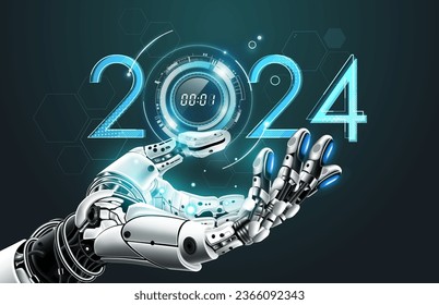 New AI technology trends in 2024 concept. Artificial Intelligence robot hand holding 2024 New Year technology, Can adjust digital number, vector illustration