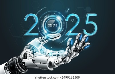 New AI technology trends in 2025 concept. Artificial Intelligence robot hand holding 2025 New Year technology, Can adjust digital number, vector illustration