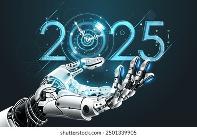 New AI technology trends in 2025 concept. Artificial Intelligence robot hand holding 2025 New Year technology, Can rotate clock hands, vector illustration