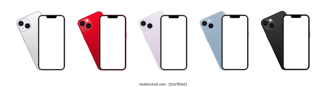 New all colors smartphone released iPhone 14 front and back side. Smartphone mockup with blank white screen for ui ux, app, web, presentation, design. svg