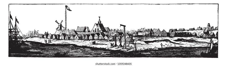 New Amsterdam is a 17th-century Dutch settlement established at the southern tip of Manhattan Island,vintage line drawing or engraving illustration