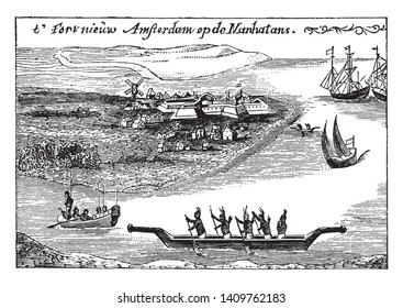 New Amsterdam is a 17th-century Dutch settlement established at the southern tip of Manhattan Island,vintage line drawing or engraving illustration.