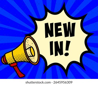 New in announcement speech bubble. Megaphone, speech burst, comic style, bright background, communication element, expression tool, voice projection, information sharing, pop art design.