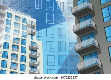 New apartment high-rise buildings 3D illustration with window blueprint pattern background