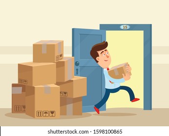 New apartment, housewarming. Man carries boxes of personal belongings to new home, moving day. Buying and moving to new housing, mortgage. Vector illustration, flat design cartoon style.
