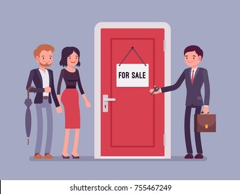 New apartment selling. Man from the estate agency or residential consultancy giving a key from a new flat to a young happy pair. Vector flat style cartoon illustration