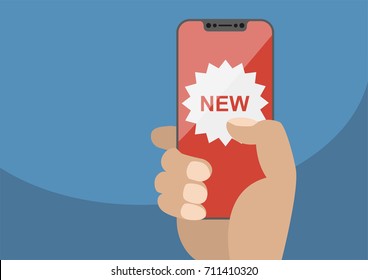 New App Concept Displayed On Frameless Touchscreen As Vector Illustration. Hand Holding Bezel Free Smartphone With New Icon.