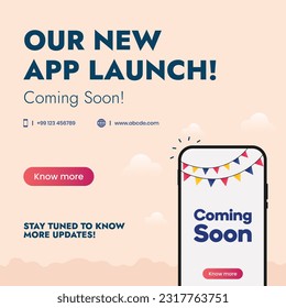 Nuevo lanzamiento de aplicaciones. Publicación de marketing de la aplicación con teléfono móvil. promoción de aplicaciones móviles. Nueva aplicación móvil Próximamente. Descargar la aplicación. Lanzamiento de aplicaciones de marketing. Anuncio, usa ahora, obtén descuento