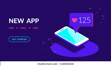 New app or social networks for chatting, blogging and sharing news. Flat vector neon website template and landing page design of smartphone with speech bubble message from friends in social networks