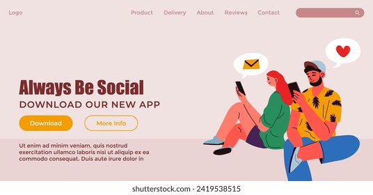 Neue Anwendung für die Sozialisierung und Kommunikation mit Freunden und Familien. Laden Sie App-Messenger oder Social-Media-Produkte herunter. Website-Landing-Page-Vorlage, Internetseite. Vektorgrafik im Flachstil