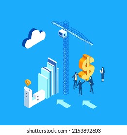 New architectural project. Isometric business environment. Business management infographic. Isometric working space, business people working together 